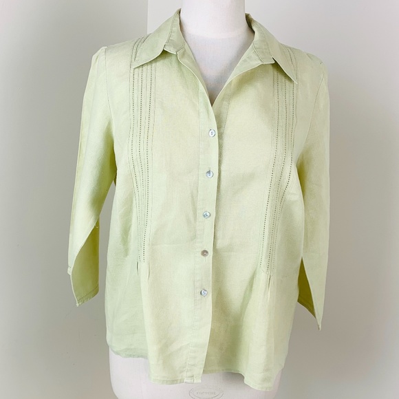 St Tropez West Tops - St Tropez West Linen Shirt Light Green 3/4 Sleeves
